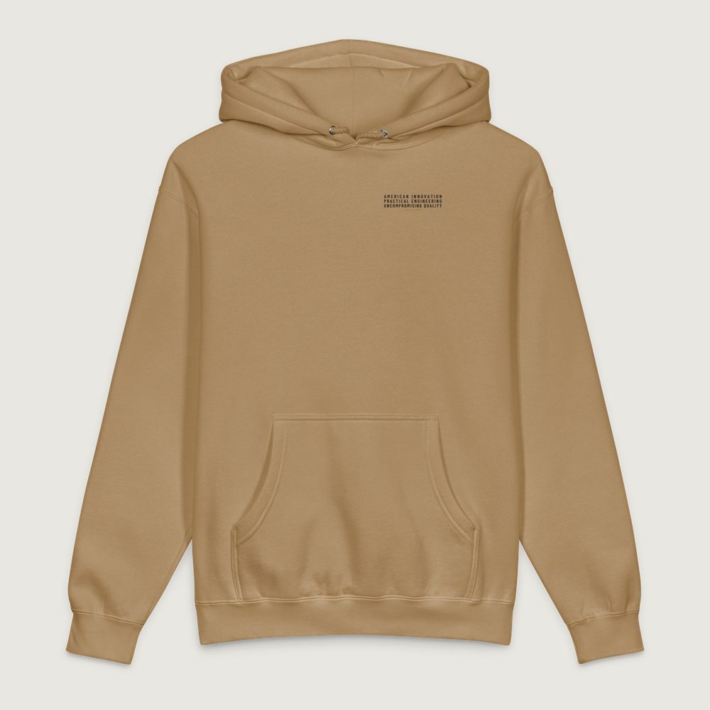 Core Values Hoodie in Sandstone, front: American Innovation / Practical Engineering / Uncompromising Quality, left chest