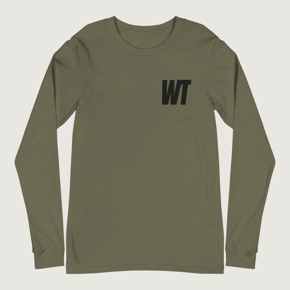 Discipline Long Sleeve in Military Green, front: Slanted WT monogram, left chest