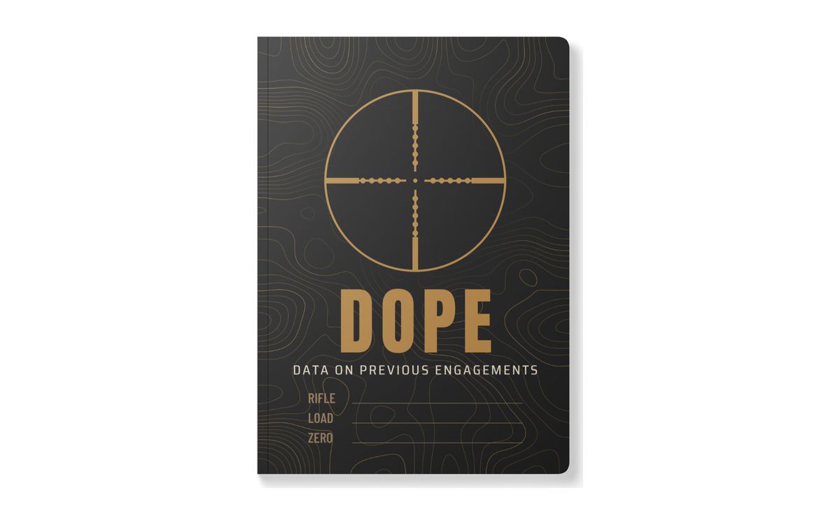 Reticle DOPE Book: black softcover with a gold reticle over topo, DOPE, DATA ON PREVIOUS ENGAGEMENTS and RIFLE, LOAD, ZERO write-in lines