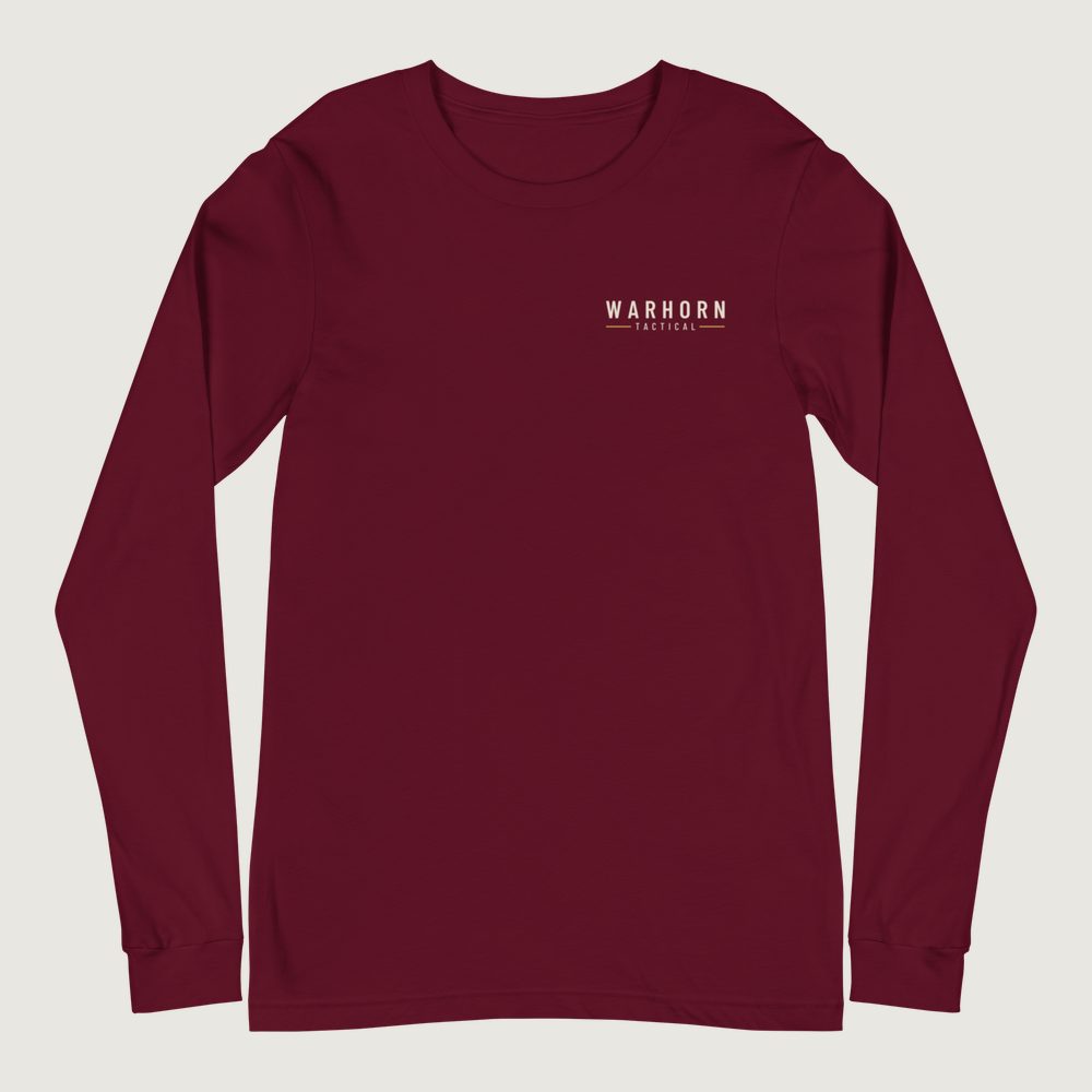 Earned Long Sleeve in Maroon, front: WARHORN TACTICAL lockup with gold rules, left chest