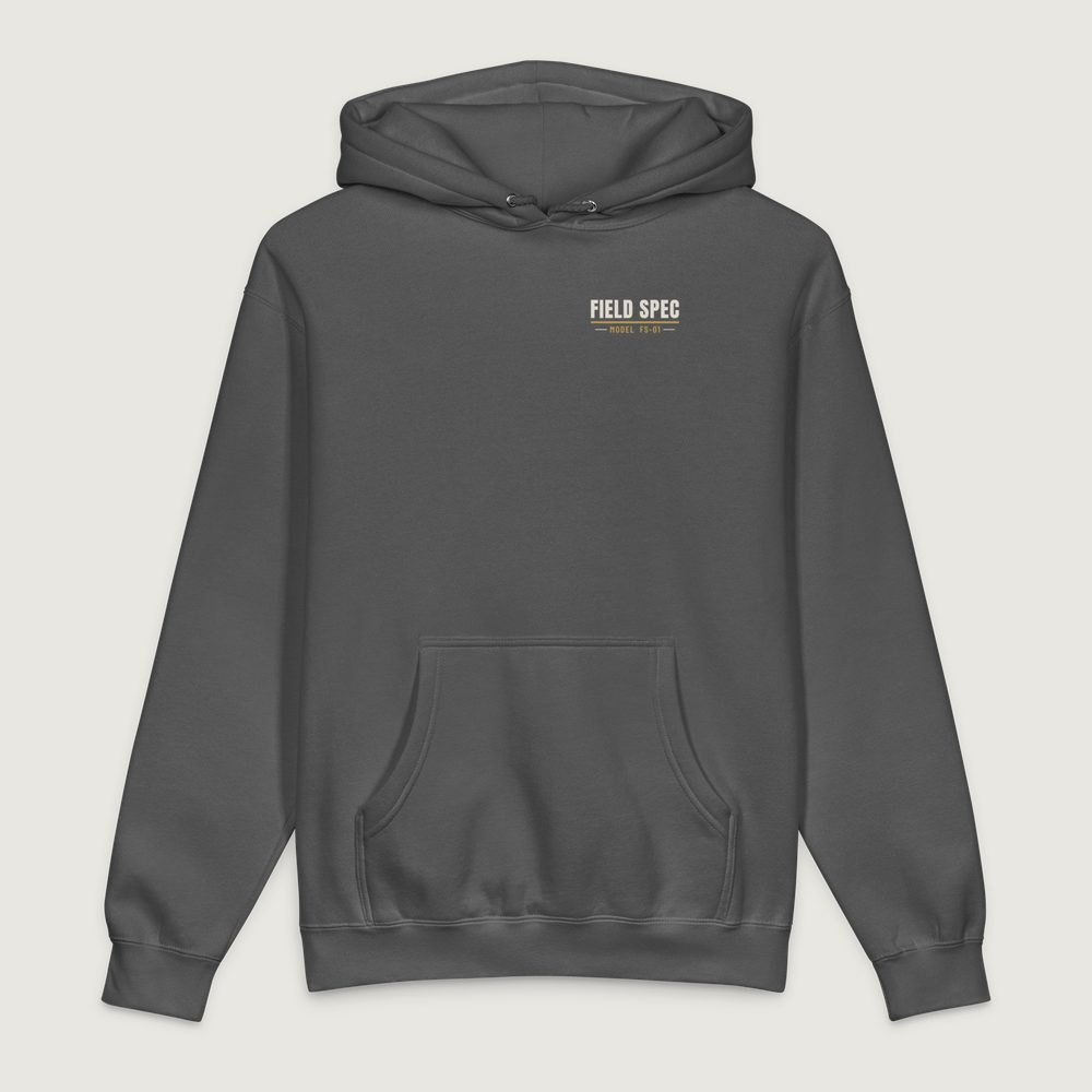 Field Spec Hoodie in Charcoal Solid, front: FIELD SPEC lettering over a gold rule with Model FS-01, left chest