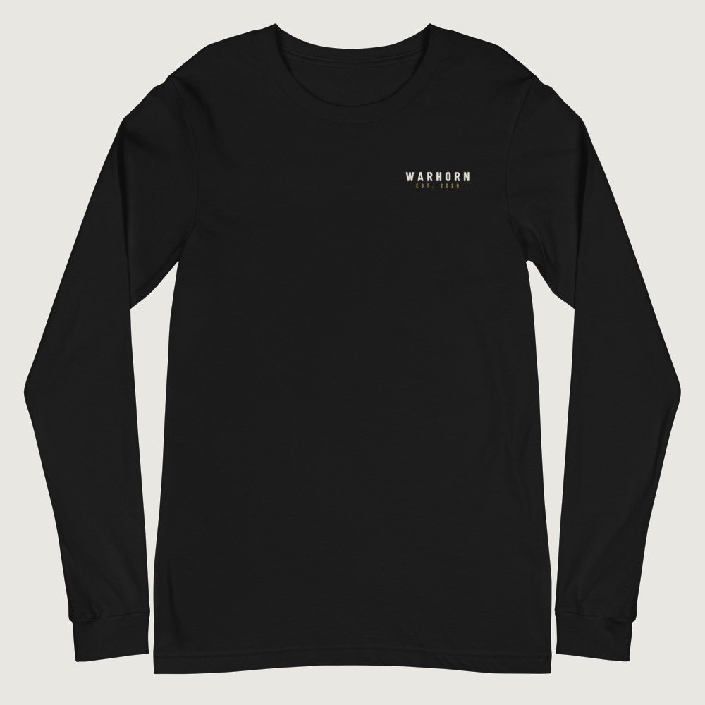 First To Go Long Sleeve in Black, front: Bone WARHORN over a small gold EST. 2026, left chest
