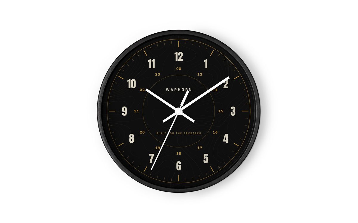 Garage Wall Clock: black dial with bone numerals, gold 24-hour markers, WARHORN and BUILT FOR THE PREPARED over faint topo