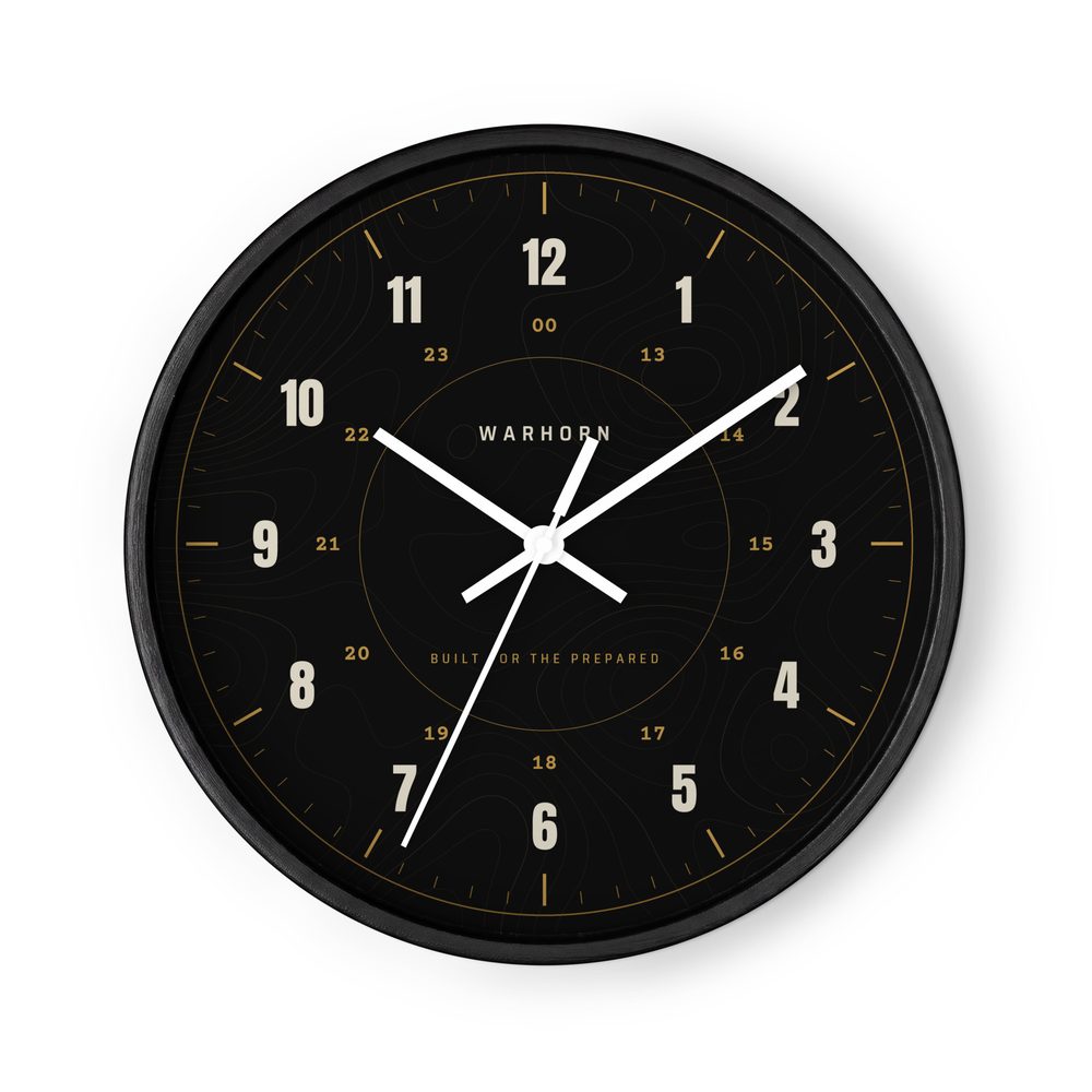 Garage Wall Clock, front: black dial with bone 12-hour numerals, gold 24-hour markers, WARHORN and BUILT FOR THE PREPARED over faint topo lines
