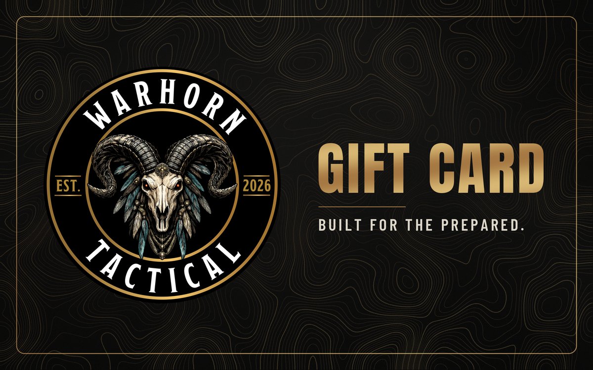 Warhorn Tactical gift card, Gold Ram design: the full-color gold Warhorn Tactical ram-skull logo beside GIFT CARD in gold and BUILT FOR THE PREPARED., on black with fine gold contour lines