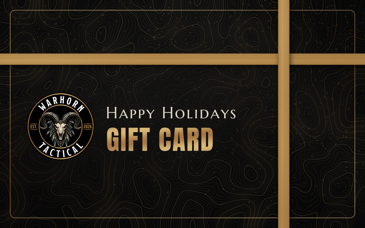Warhorn Tactical gift card, Holiday design: black wrap with a gold ribbon, the Warhorn Tactical logo, Happy Holidays and GIFT CARD in gold