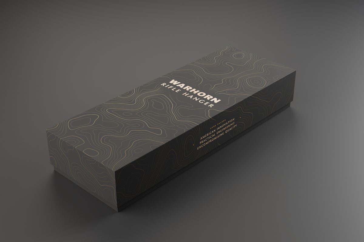 Warhorn RH-100 Rifle Hanger retail box, closed (packaging design mockup)