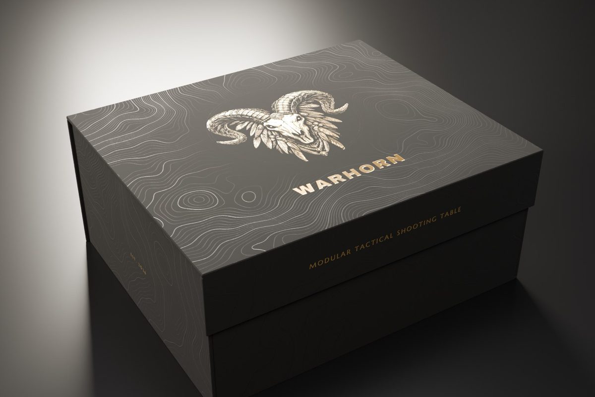 Warhorn MT-200 Modular Tactical Shooting Table retail box, closed (packaging design mockup)