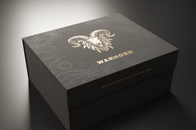 Warhorn MT-200 Modular Tactical Shooting Table retail box, closed (packaging design mockup)