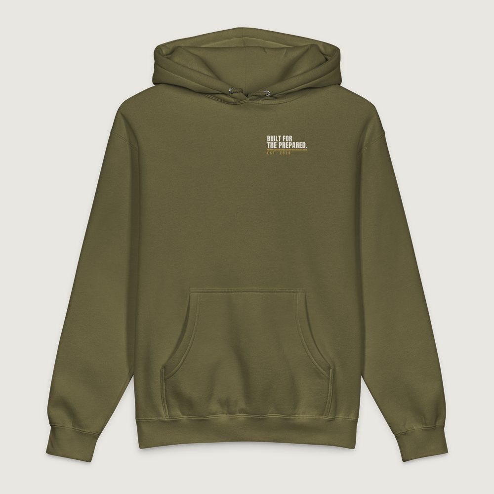 Warhorn Classic Hoodie in Army, front: “Built for the Prepared.” with a gold rule and EST. 2026, left chest