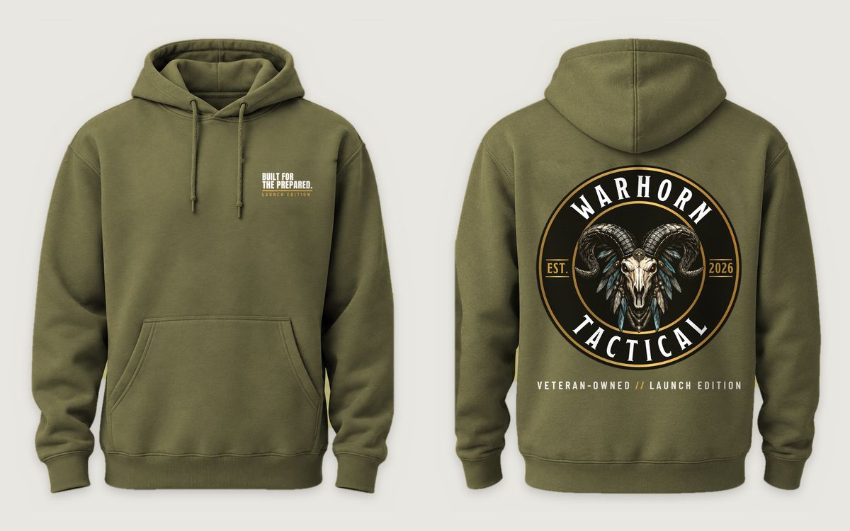 Launch Emblem Hoodie in Army shown front and back: “Built for the Prepared.” with a gold rule and Launch Edition, left chest; back: Full-color Warhorn Tactical ram emblem over “Veteran-Owned // Launch Edition”