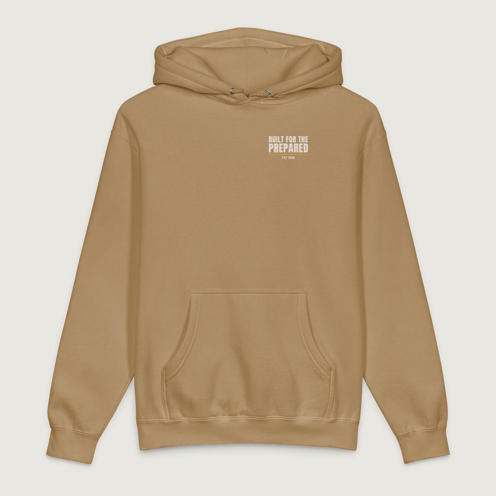 Prepared Flag Hoodie in Sandstone, front: “Built for the Prepared” with Est. 2026, left chest