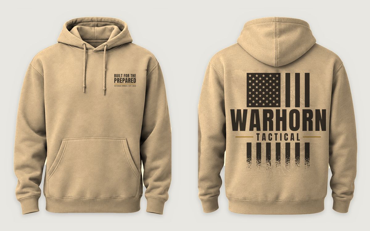 Prepared Flag Hoodie in Sandstone shown front and back: “Built for the Prepared” with Veteran-Owned / Est. 2026, left chest; back: Distressed vertical American flag with WARHORN TACTICAL over faded topographic lines