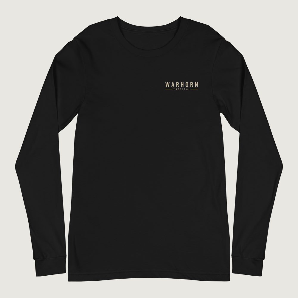 Prepared Long Sleeve in Black, front: WARHORN TACTICAL lockup with gold rules, left chest
