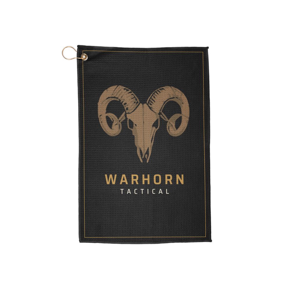 Ram Skull Range Towel: black towel with a large gold ram skull over WARHORN TACTICAL inside a thin gold frame