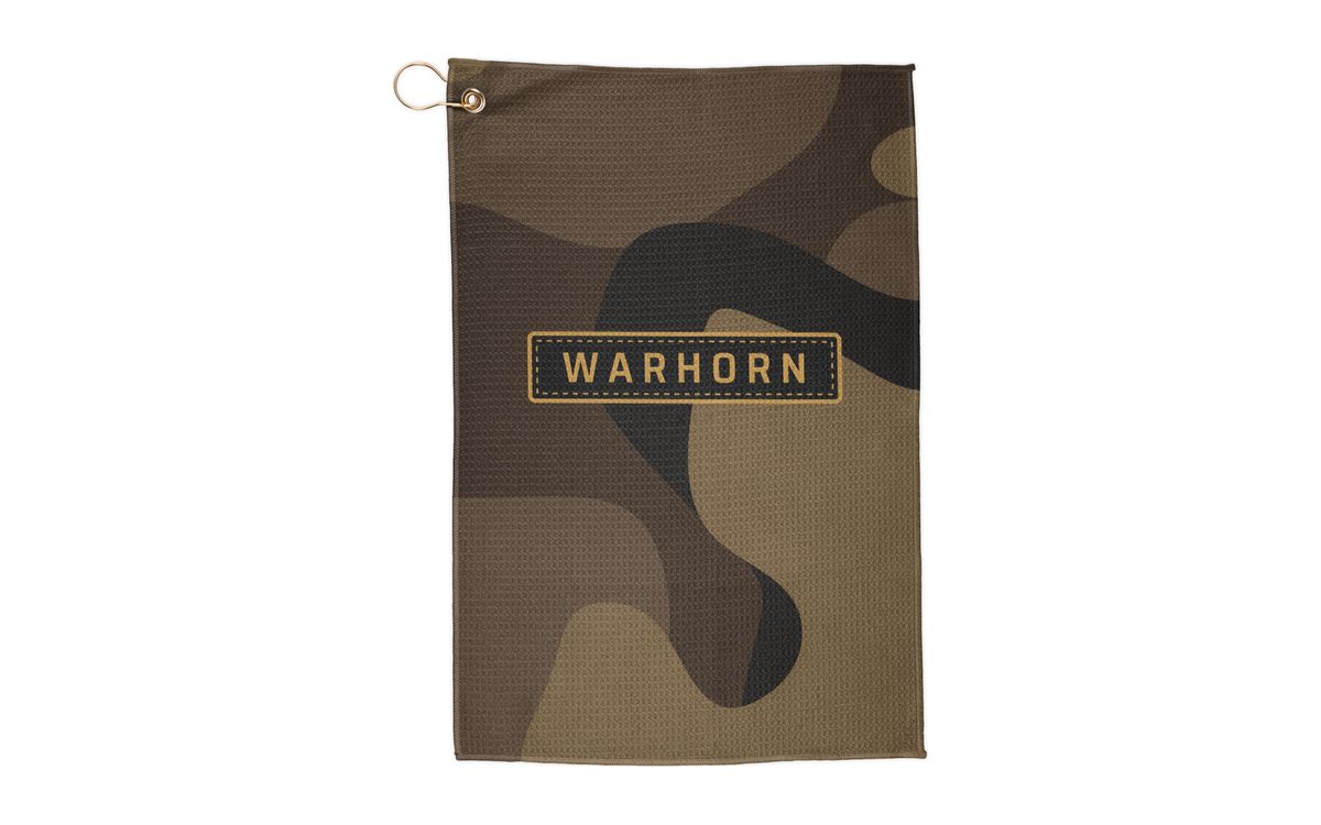 Camo Name Tape Range Towel: brown, tan and black camo with a black WARHORN name tape with a gold stitched-look border