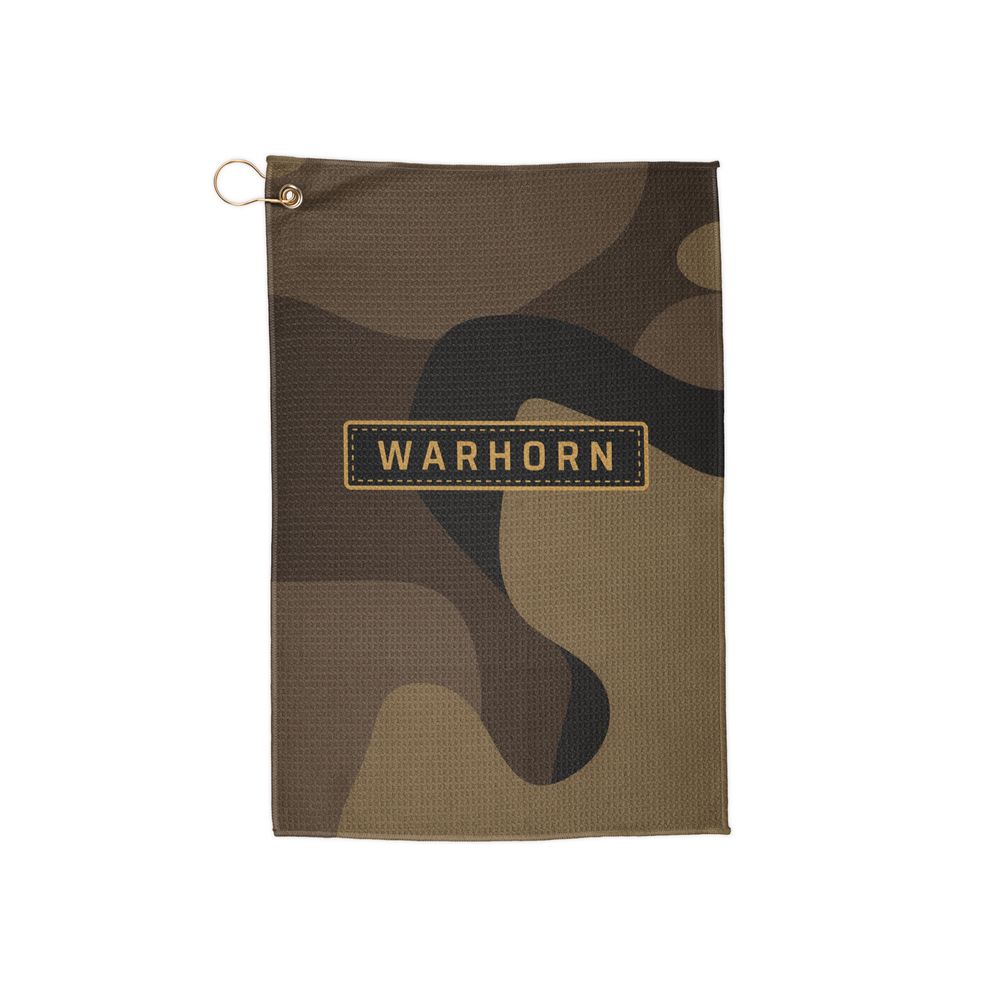 Camo Name Tape Range Towel: brown, tan and black camo with a black WARHORN name tape with a gold stitched-look border
