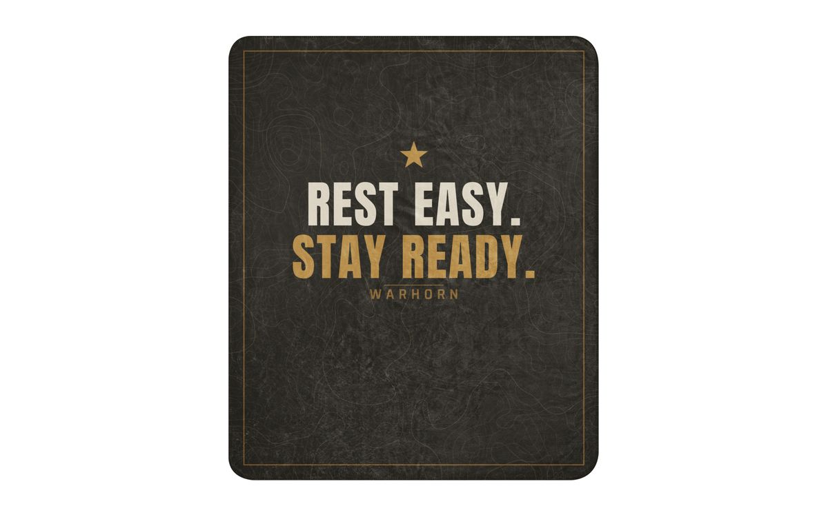 Rest Easy Sherpa Blanket: dark topo blanket with a gold star over REST EASY. STAY READY. and a small WARHORN, inside a thin gold border