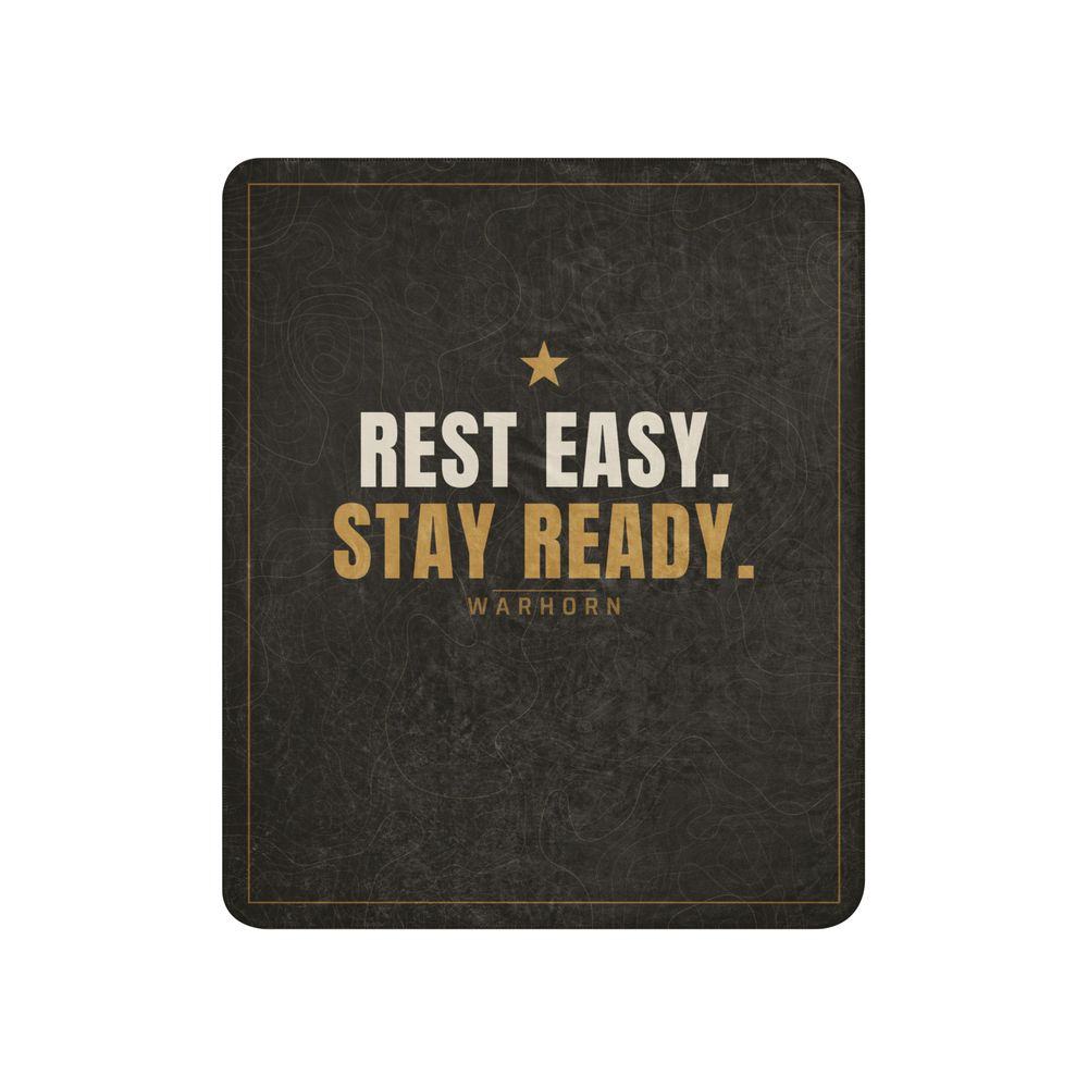 Rest Easy Sherpa Blanket: dark topo blanket with a gold star over REST EASY. STAY READY. and a small WARHORN, inside a thin gold border