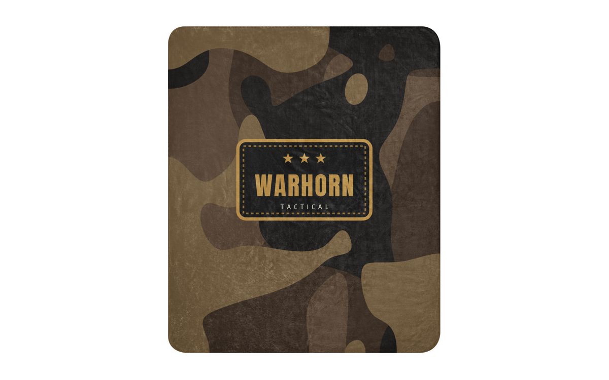 Camo Patch Sherpa Blanket: brown, tan and black camo with a black patch showing three gold stars and WARHORN TACTICAL in a gold border