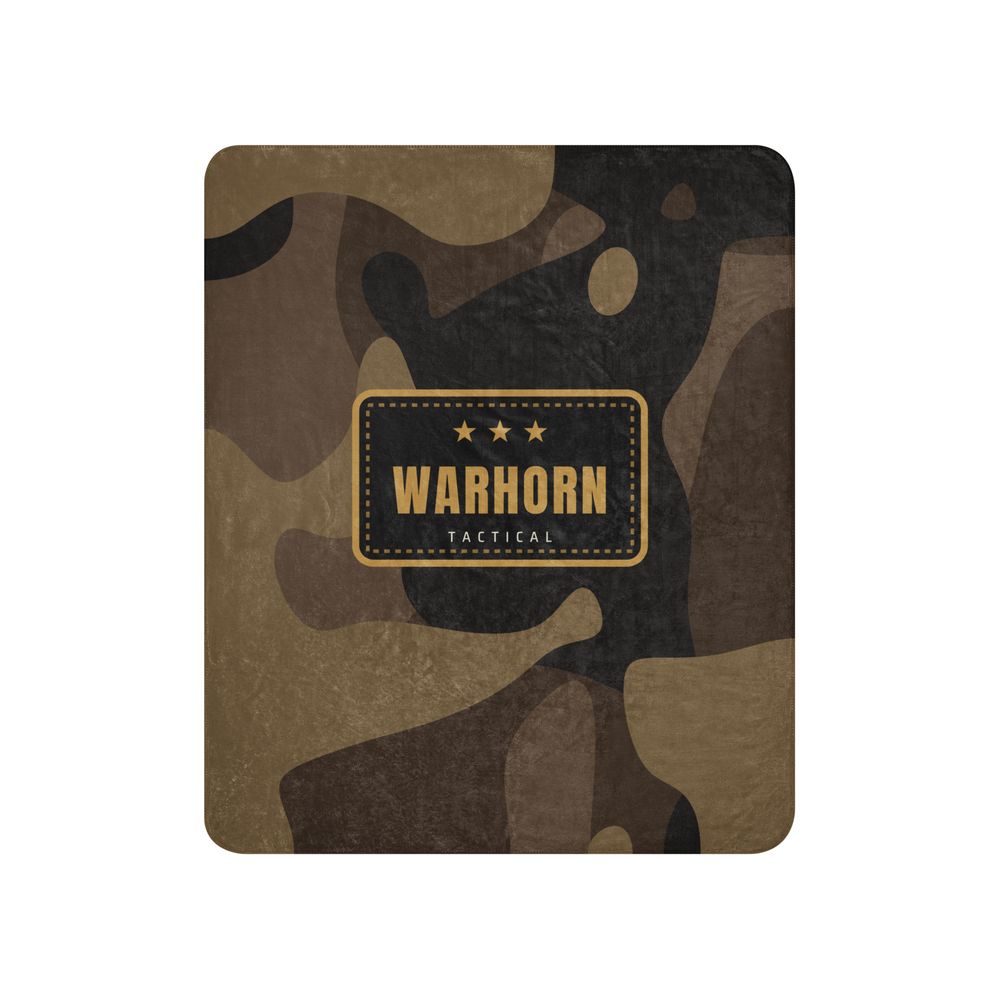 Camo Patch Sherpa Blanket: brown, tan and black camo with a black patch showing three gold stars and WARHORN TACTICAL in a gold border