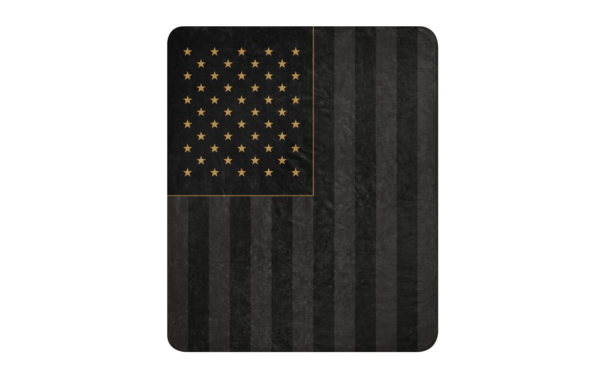 Old Glory Sherpa Blanket: subdued black and charcoal vertical American flag with gold stars in the union