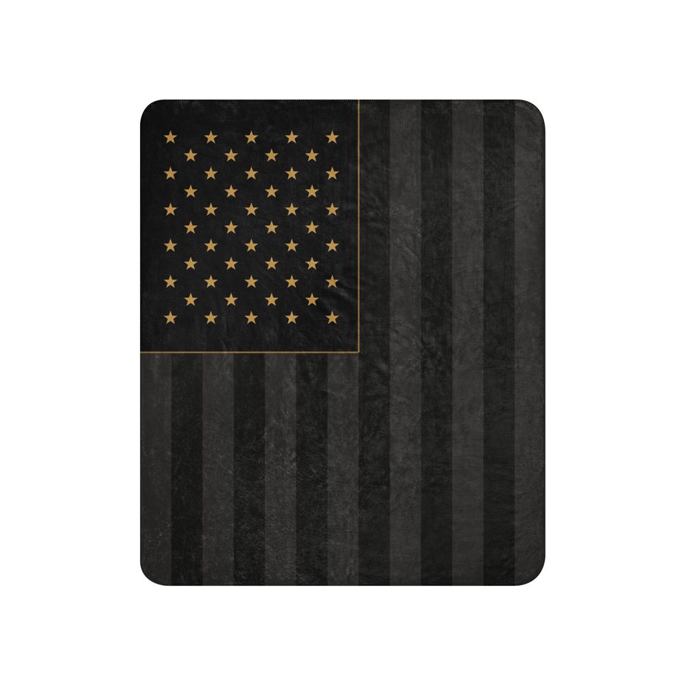 Old Glory Sherpa Blanket: subdued black and charcoal vertical American flag with gold stars in the union