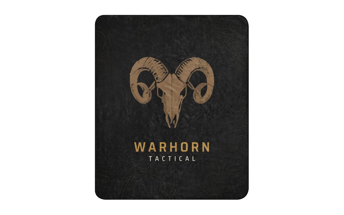 Ram Skull Sherpa Blanket: black blanket with a large gold ram skull over WARHORN TACTICAL and faint topo lines