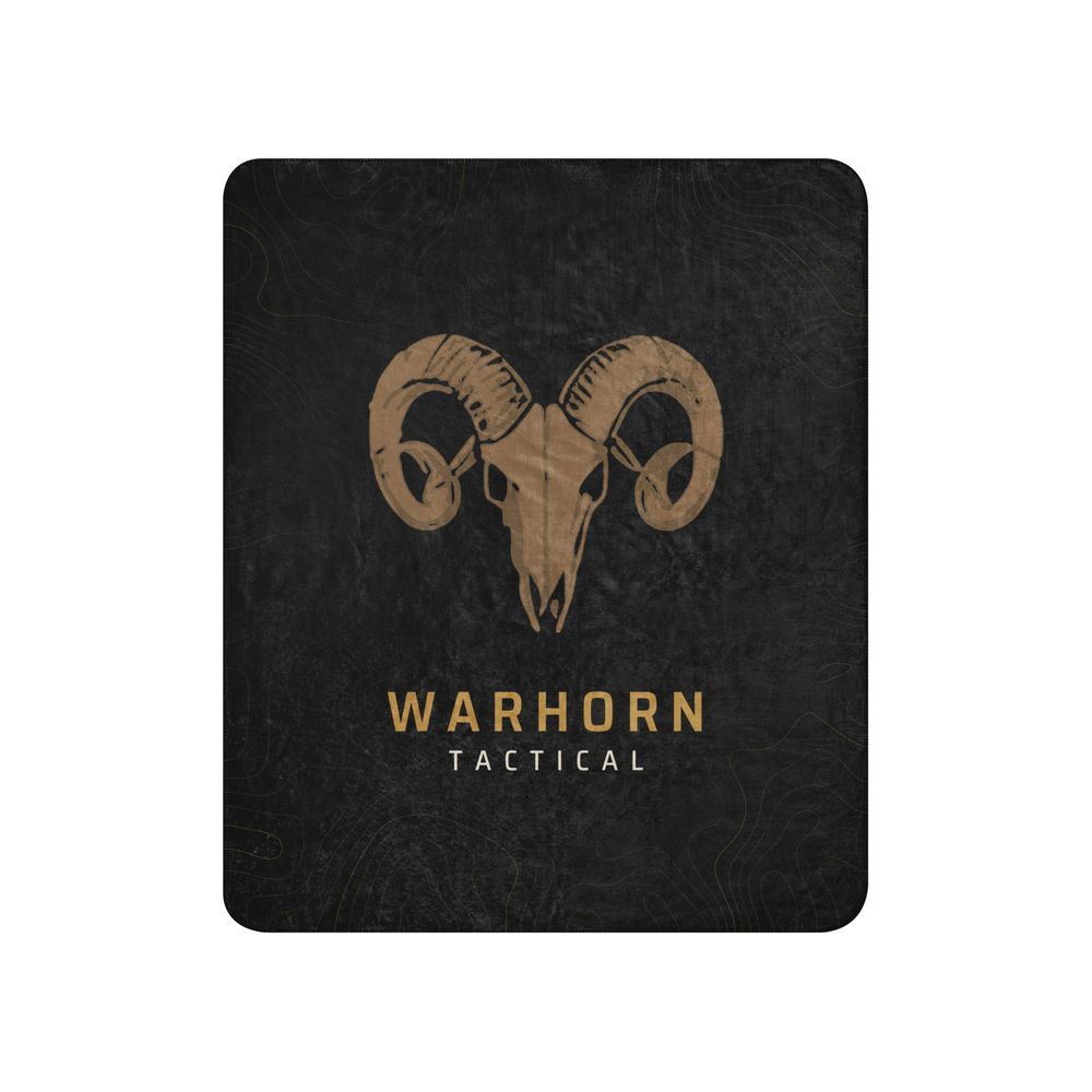 Ram Skull Sherpa Blanket: black blanket with a large gold ram skull over WARHORN TACTICAL and faint topo lines