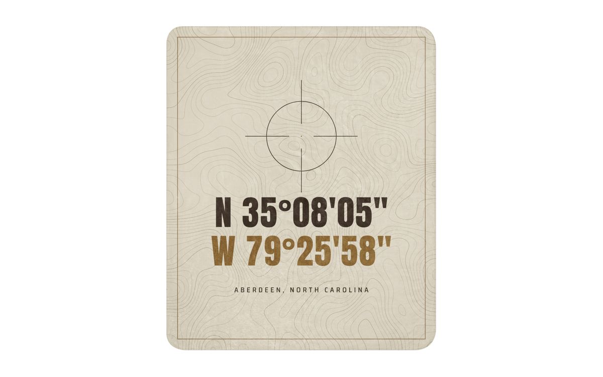 Coordinates Sherpa Blanket: bone topo blanket with a crosshair, the coordinates N 35°08′05″ W 79°25′58″ and ABERDEEN, NORTH CAROLINA