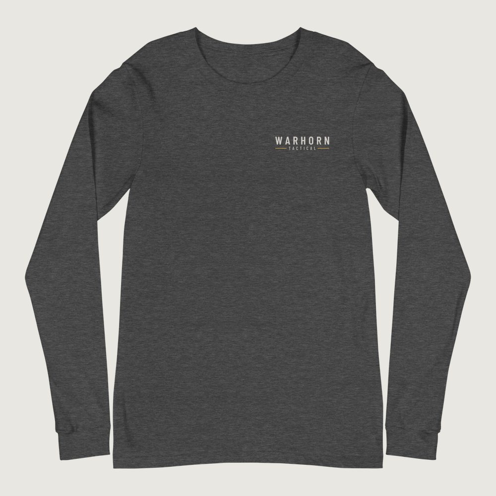 Stay Ready Long Sleeve in Dark Grey Heather, front: WARHORN TACTICAL lockup with gold rules, left chest