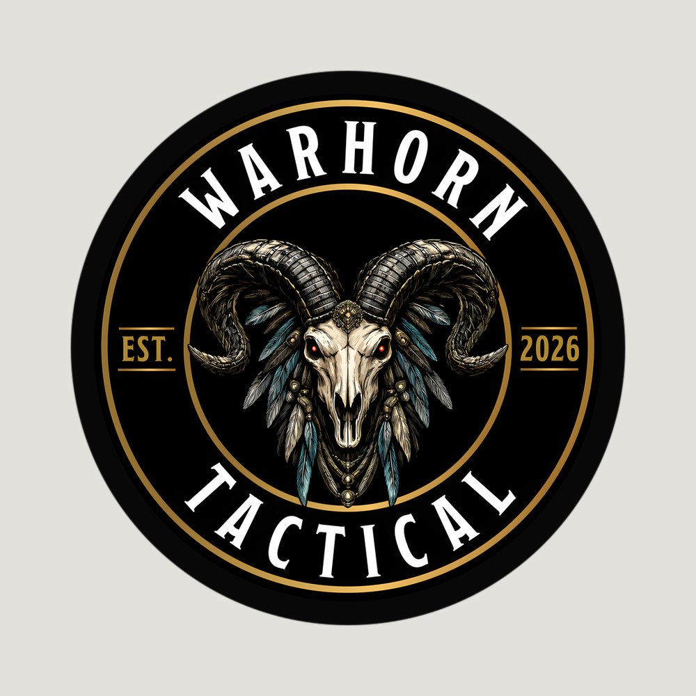 Classic Emblem sticker: round Warhorn Tactical ram-skull emblem with gold ring and black border