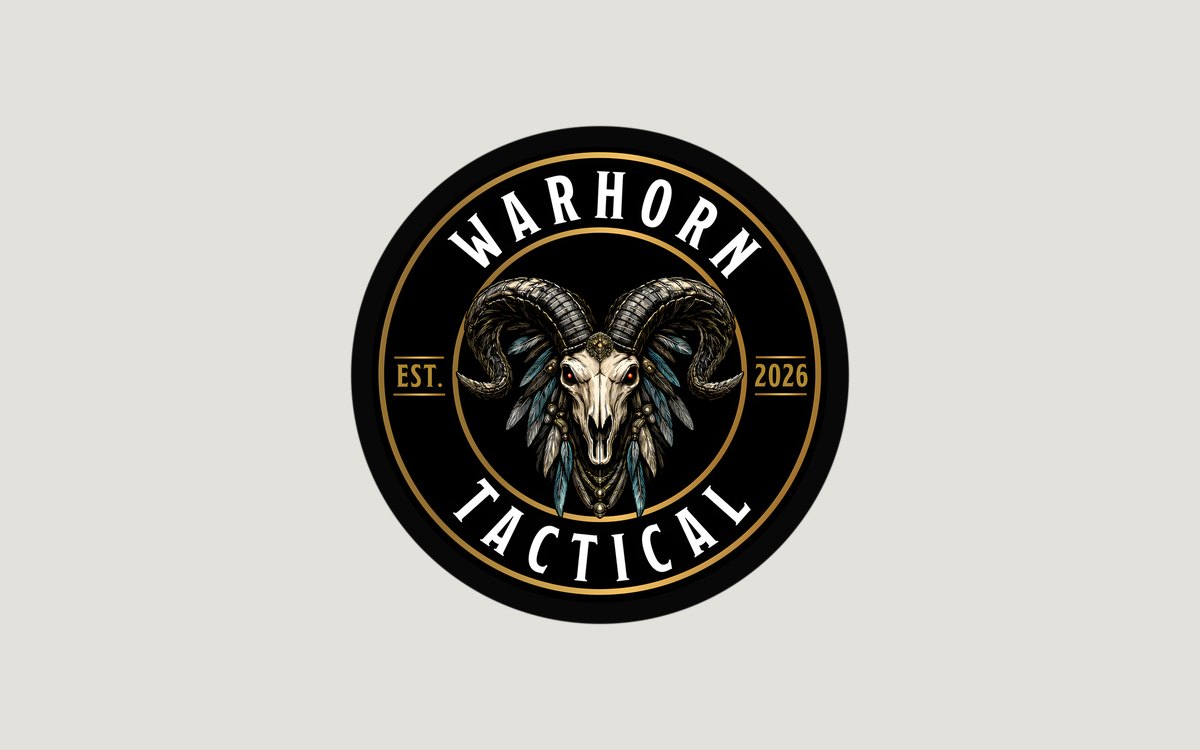 Classic Emblem sticker: round Warhorn Tactical ram-skull emblem with gold ring and black border