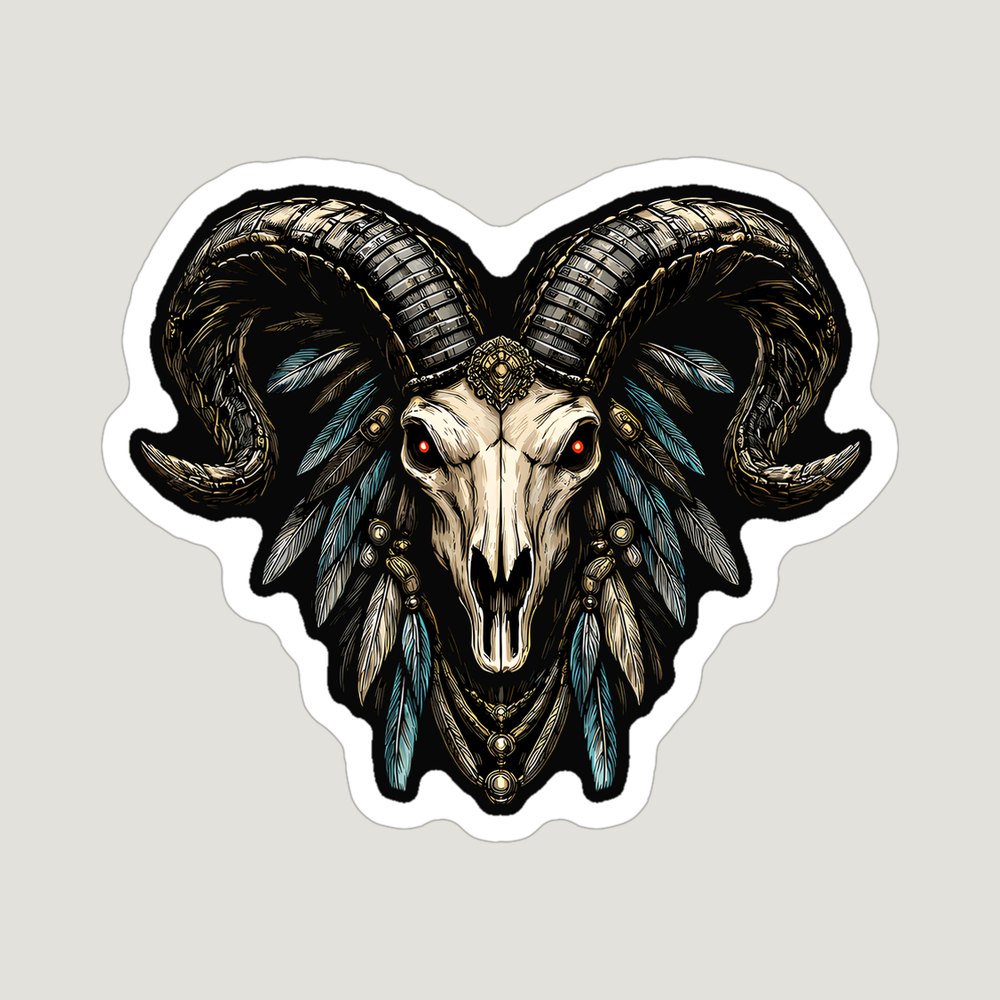 Ram Skull die-cut sticker: the Warhorn ram skull cut to shape with a white border