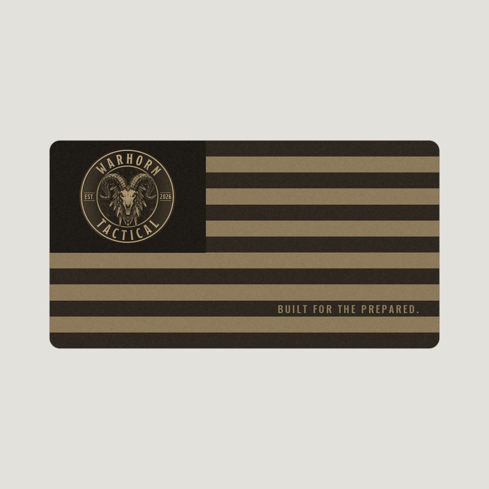 Subdued Flag sticker: tan and black American flag with the Warhorn emblem in the canton