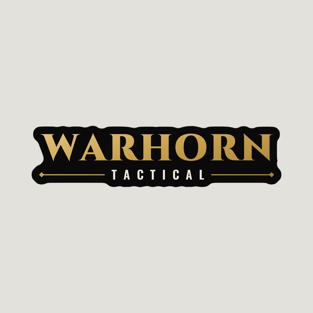 Wordmark sticker: gold WARHORN TACTICAL lettering cut to shape on a black border