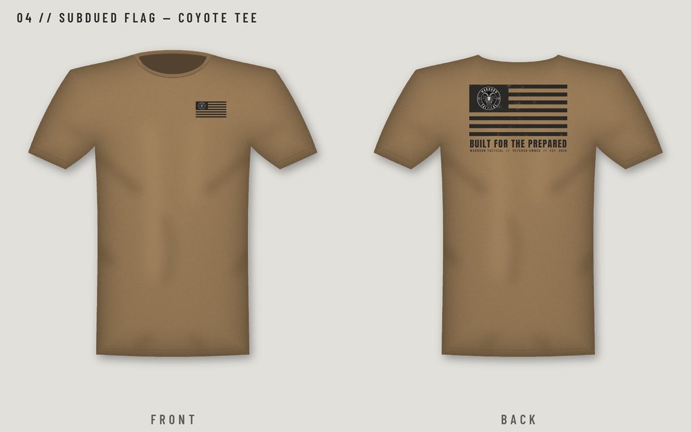 Subdued Flag Tee - Coyote design mockup, front and back