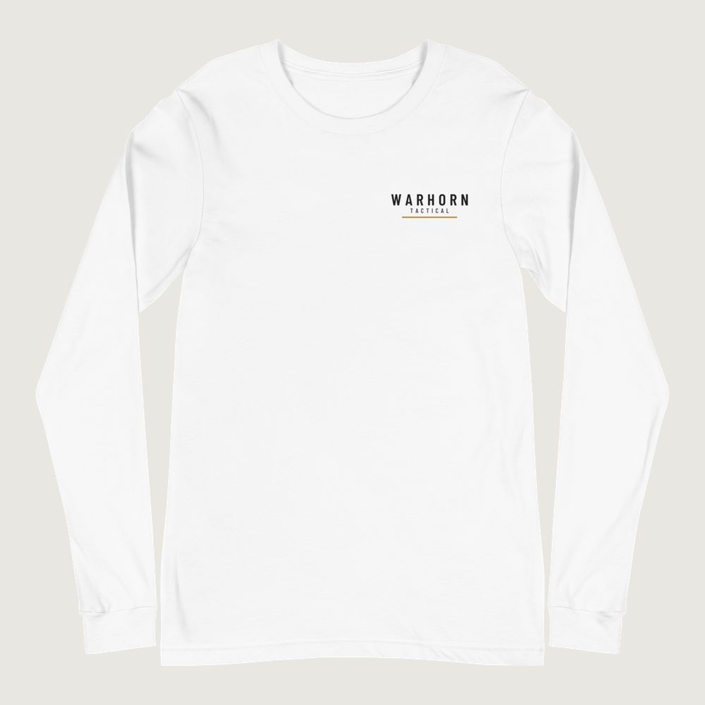 The Standard Long Sleeve in White, front: WARHORN TACTICAL lockup with a gold underline, left chest