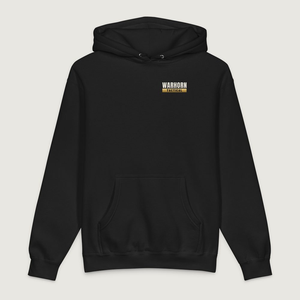 Topo Recon Hoodie in Black, front: WARHORN TACTICAL lockup with gold bar, left chest