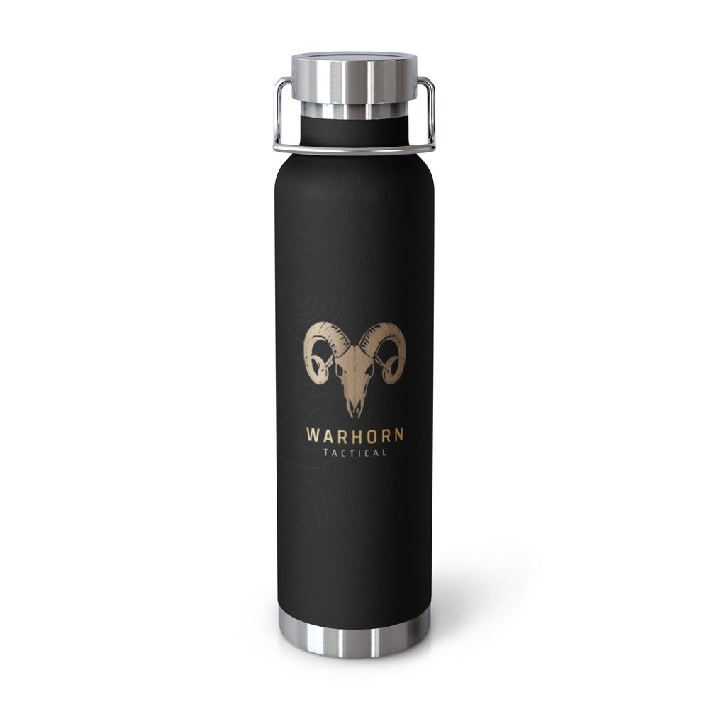 Warhorn 22oz Insulated Bottle in black with the gold ram skull and WARHORN TACTICAL