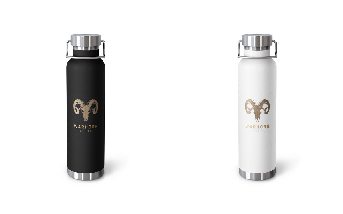 Warhorn 22oz Insulated Bottle in black and white, each with the gold Warhorn ram skull and wordmark