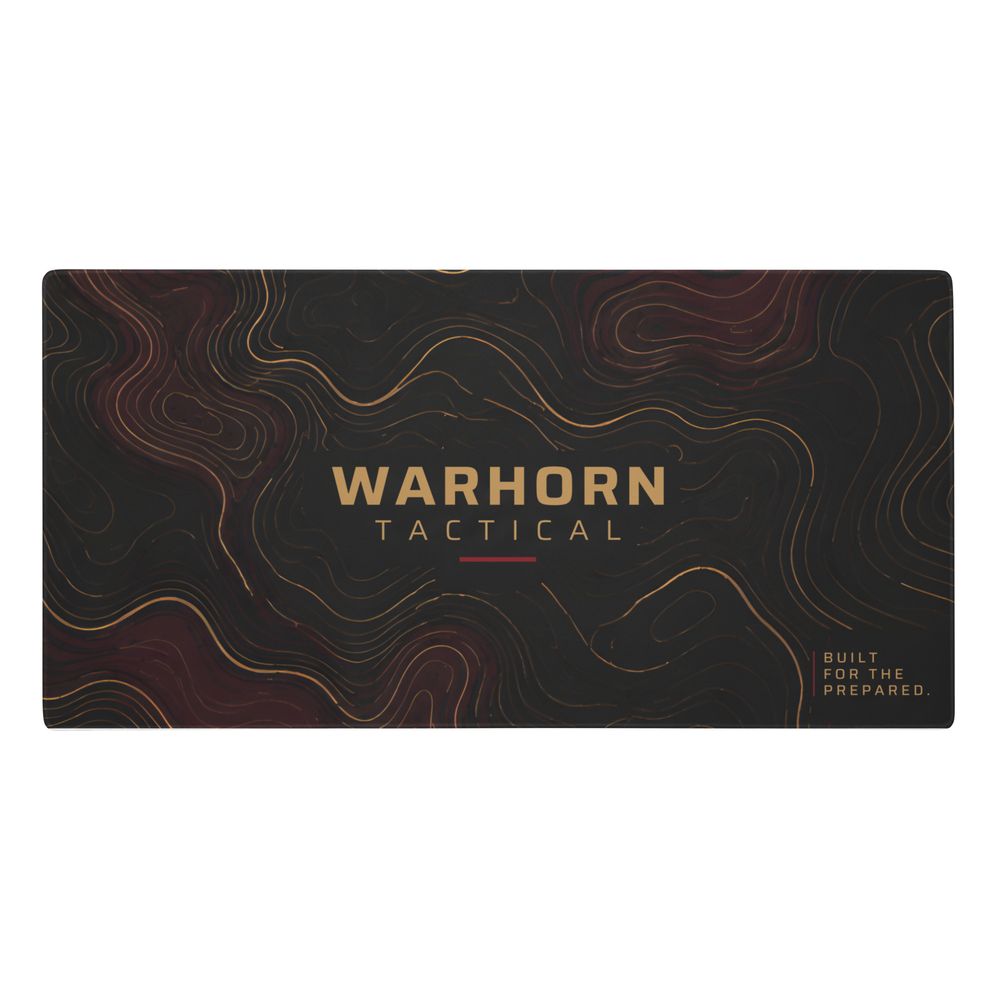 Contour Range Mat: gold and burgundy topographic lines on black with a centered WARHORN TACTICAL wordmark, angled photo of the printed mat