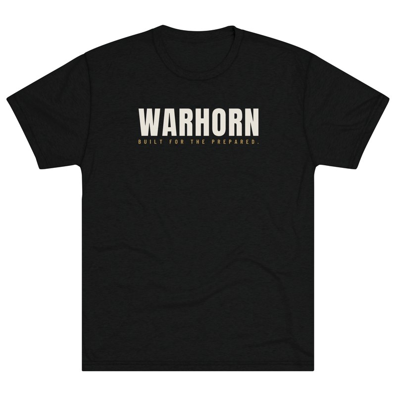 Warhorn Core Tee in Vintage Black, front: Bone WARHORN over gold BUILT FOR THE PREPARED., centered on the chest