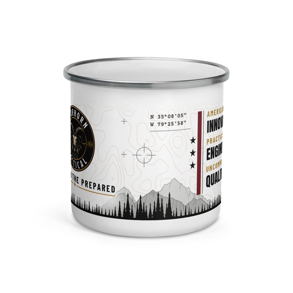 Core Values Camp Mug, front: round Warhorn Tactical ram badge with BUILT FOR THE PREPARED over topo lines and a pine treeline