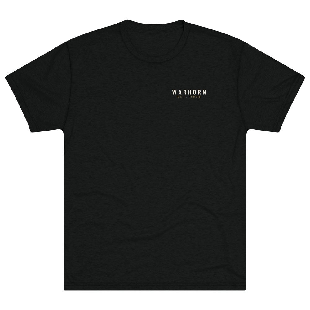 Warhorn First To Go Tee in Vintage Black, front: Bone WARHORN over a small gold EST. 2026, left chest