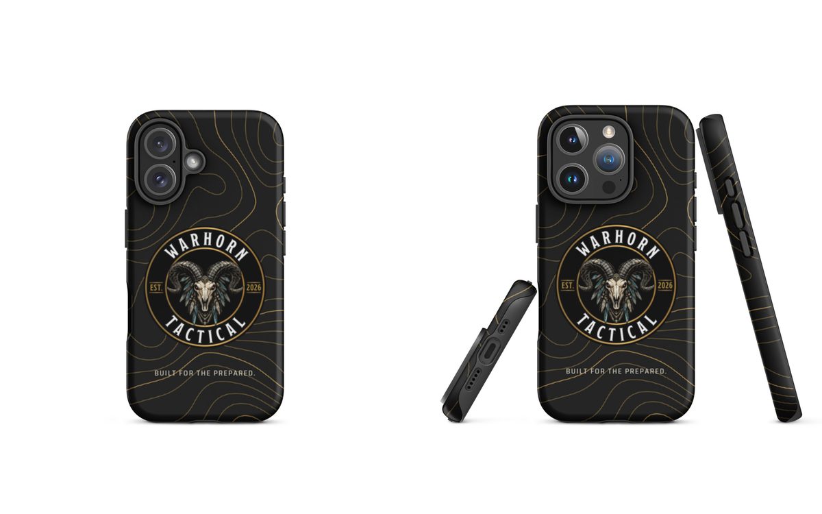 Gold Topo iPhone Case: black case with gold topo lines, the round Warhorn Tactical badge and BUILT FOR THE PREPARED.