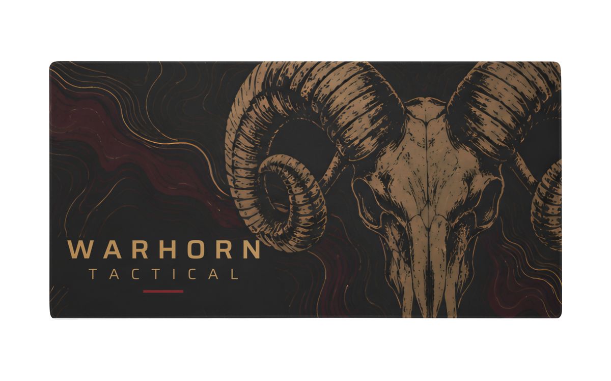 Ram Skull Range Mat on a light background, angled photo of the printed mat