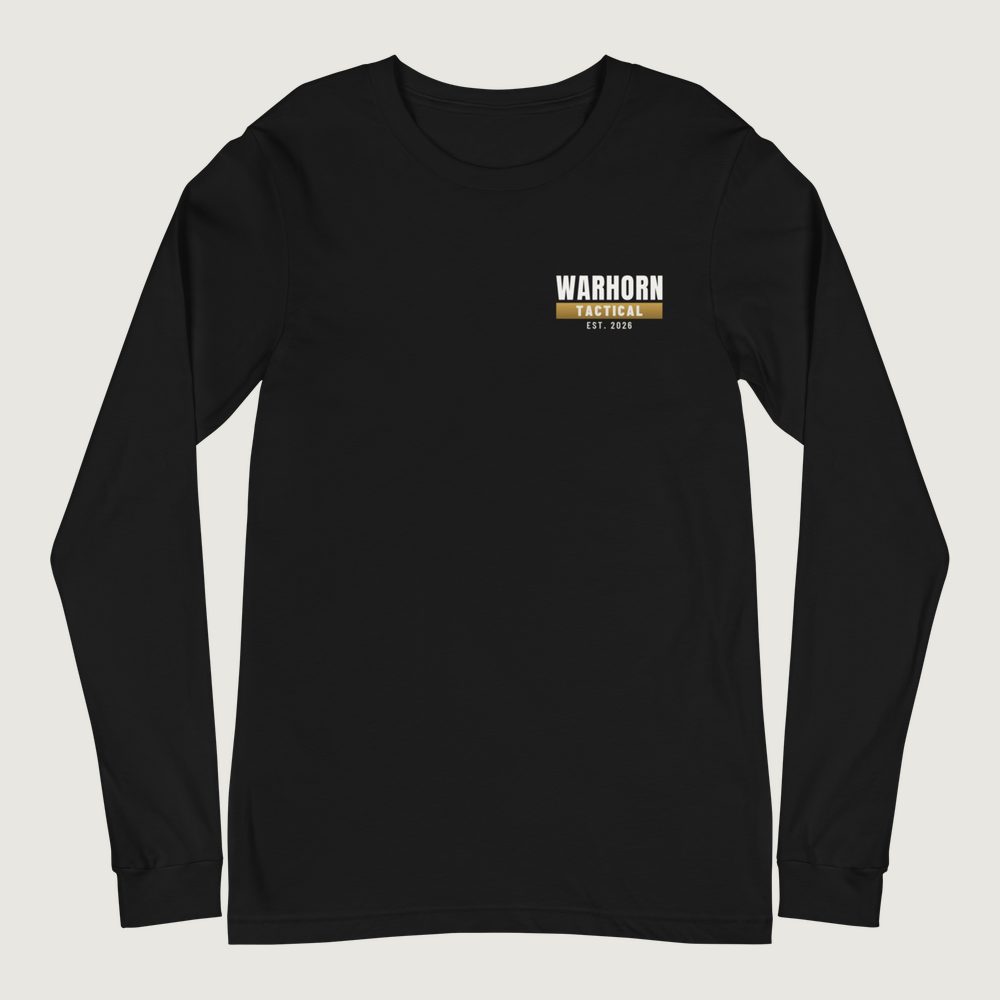 Warhorn Topo Recon Long Sleeve in Black, front: WARHORN over the gold TACTICAL bar and EST. 2026, left chest