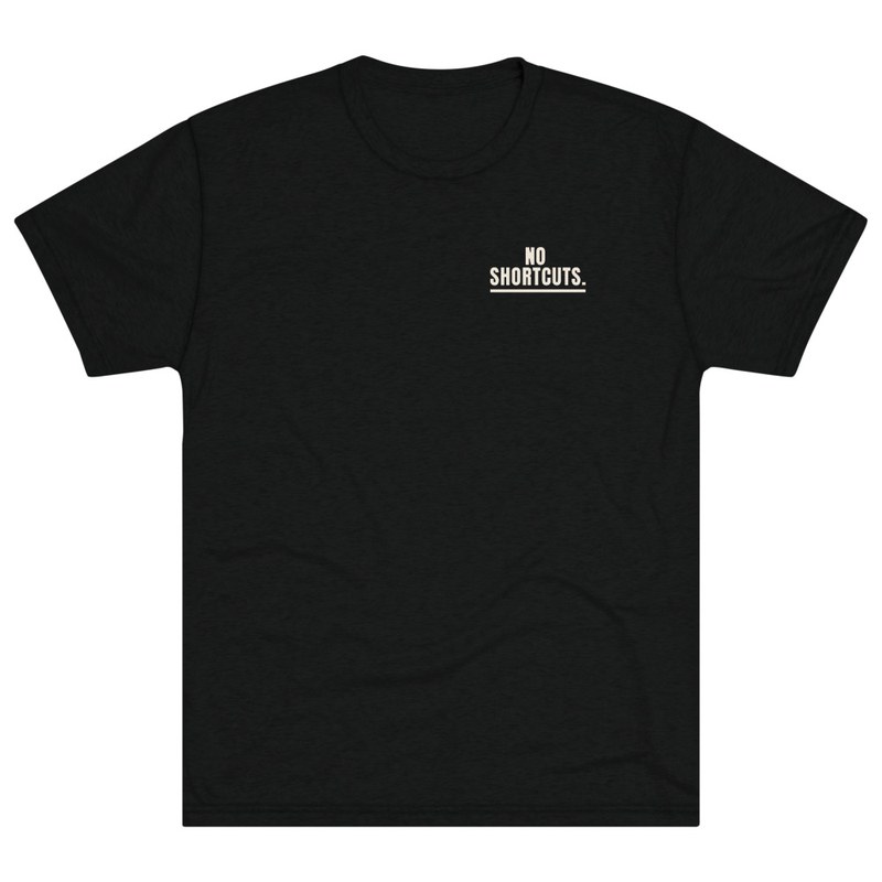 Warhorn Classic Tee in Vintage Black, front: Cream "No Shortcuts." lettering over a thin rule, left chest